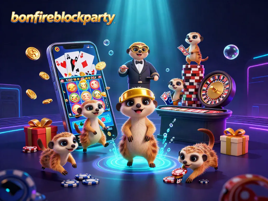 Experience the bonfireblockparty thrill with vibrant casino meerkats engaged in gaming action.