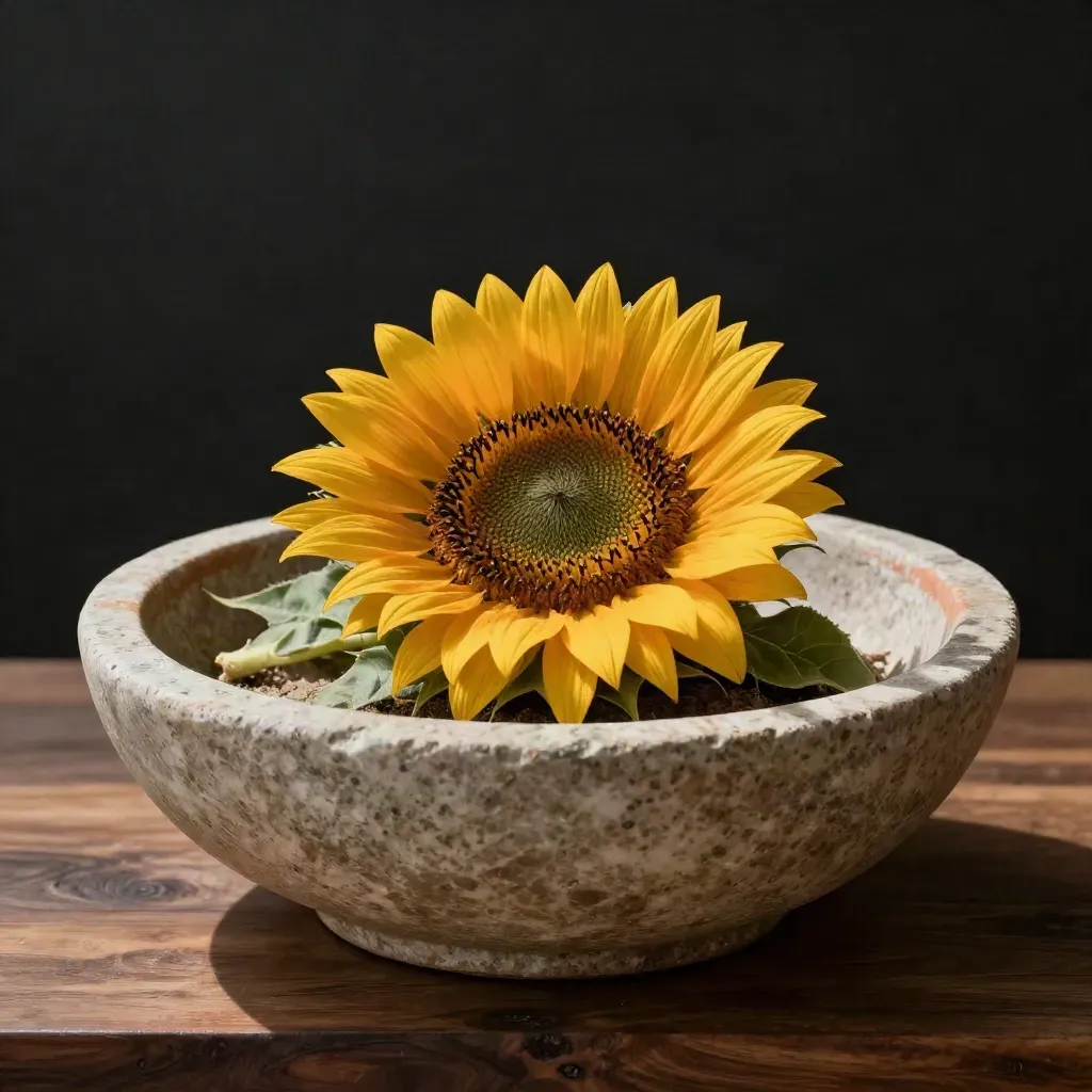 Centro floral bajo con girasoles en cuenco de piedra y dos tallos sueltos sobre fondo oscuro.