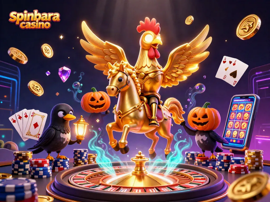 Spinbara casino scene featuring a golden rooster and gaming elements in a vibrant illustration.